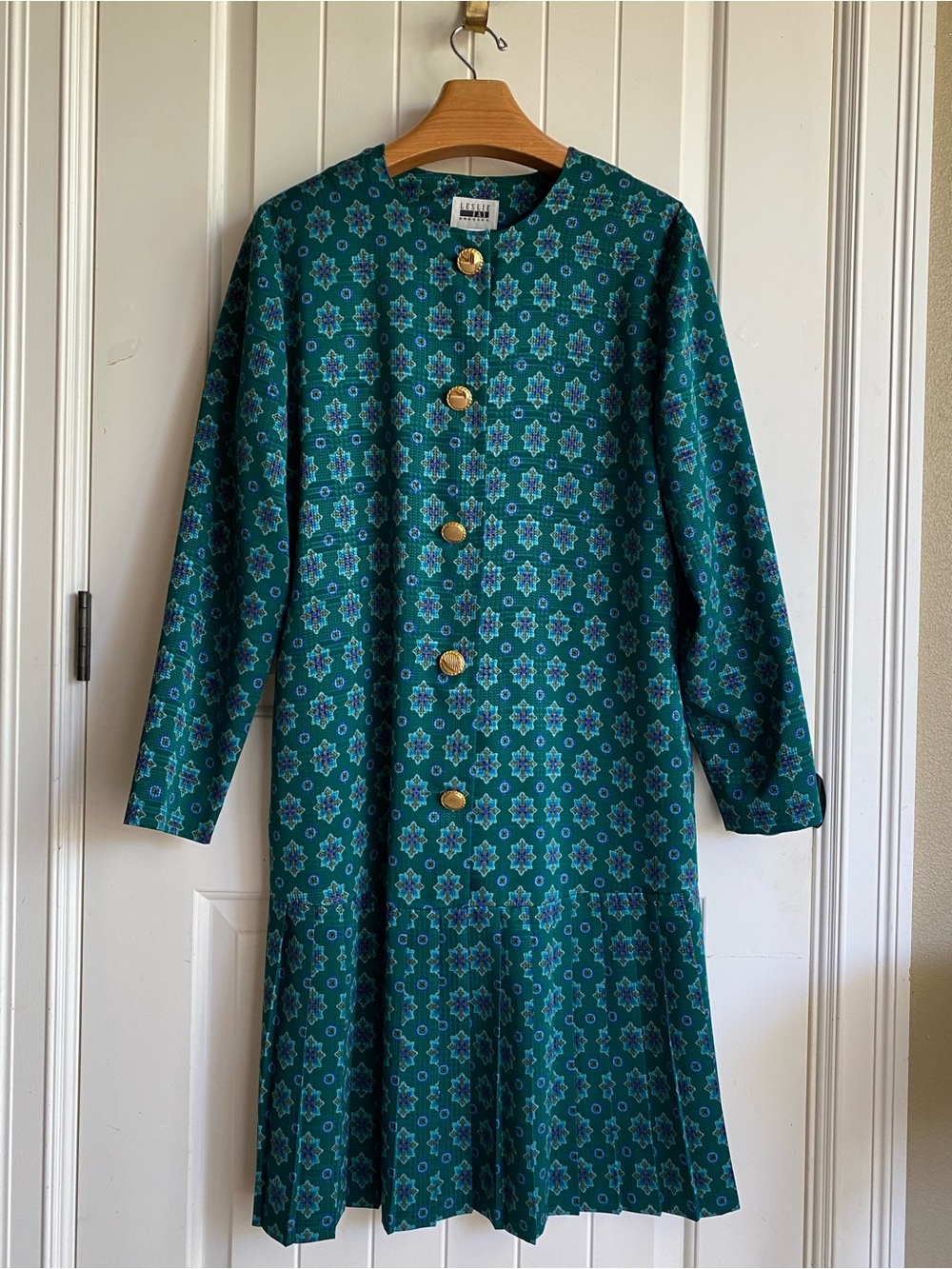 Leslie Fay Teal Green Printed Long Sleeve Coat Dress with Gold Buttons